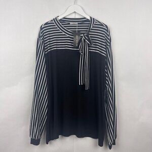 In Voland Black & White Striped Color Block Long Sleeve Bowtie Tunic Top…